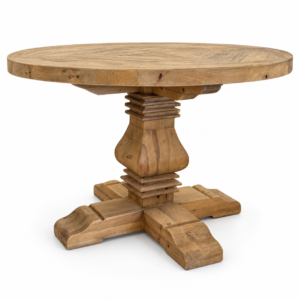 Round natural wood dining table with patterned wood top and carved pedestal base