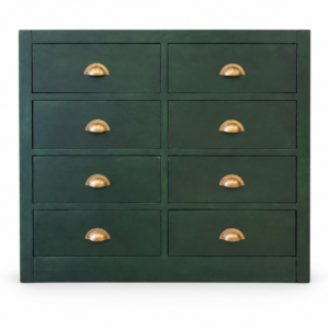 Dark forest green wooden eight-drawer chest with antique brass cup handles