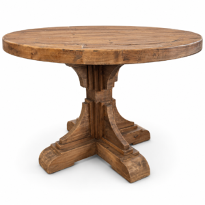 Rustic round wood dining table with thick tabletop and decorative pedestal base