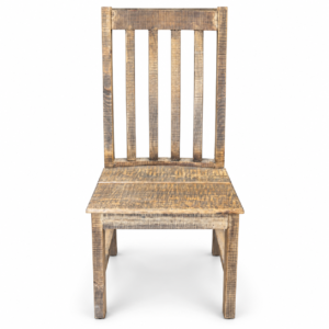 Rustic distressed wood dining chair with tall vertical slat back and solid wood seat