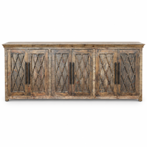 Large rustic wood sideboard with six cabinet doors, diamond-pattern accents, and black metal handles