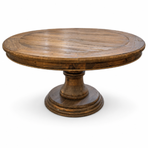 Round rustic wood pedestal dining table with natural wood grain and a substantial carved base.