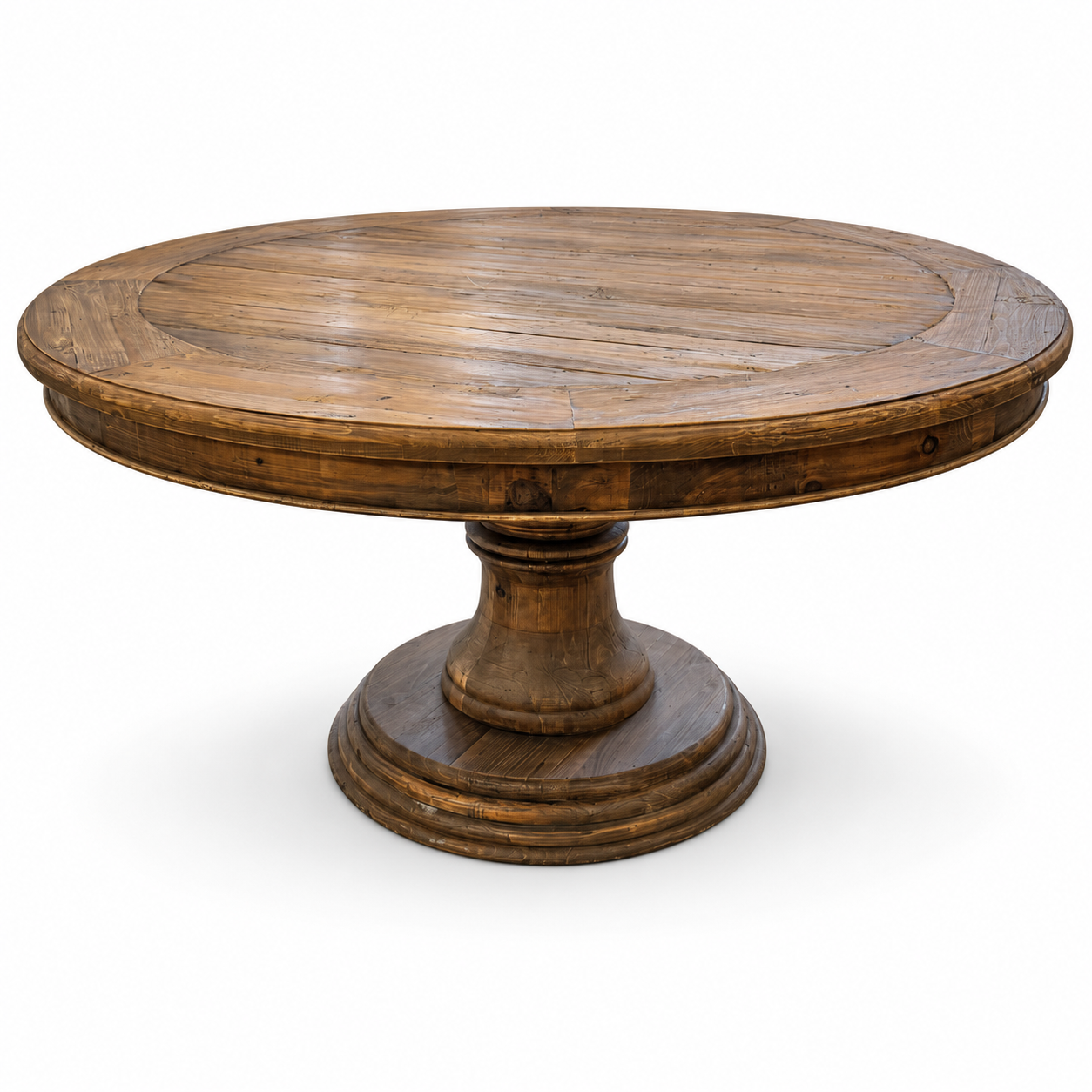 Round rustic wood pedestal dining table with natural wood grain and a substantial carved base.