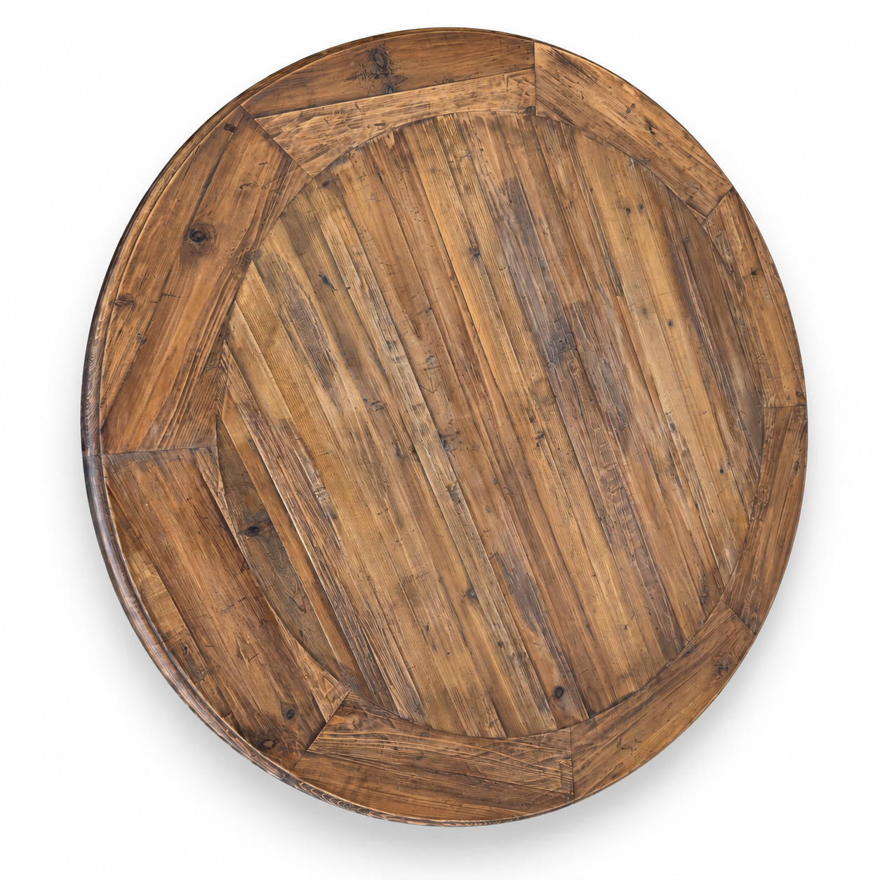 Round rustic wood pedestal dining table with natural wood grain and a substantial carved base.