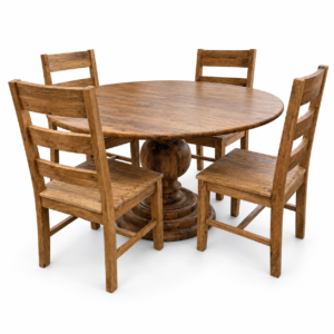 Round rustic wood pedestal dining table with four matching ladder-back wooden chairs.