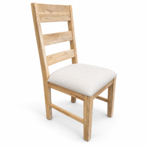 Natural wood ladder-back dining chair with a light upholstered cushioned seat.