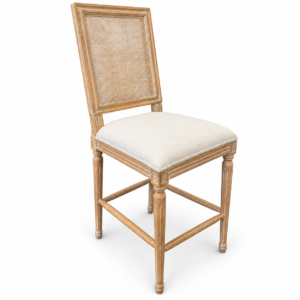 Elegant natural wood dining chair with a woven cane-style back and neutral upholstered seat.