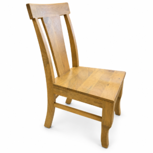 Natural wood dining chair with a tall curved back, center wood panel, and contoured wooden seat.