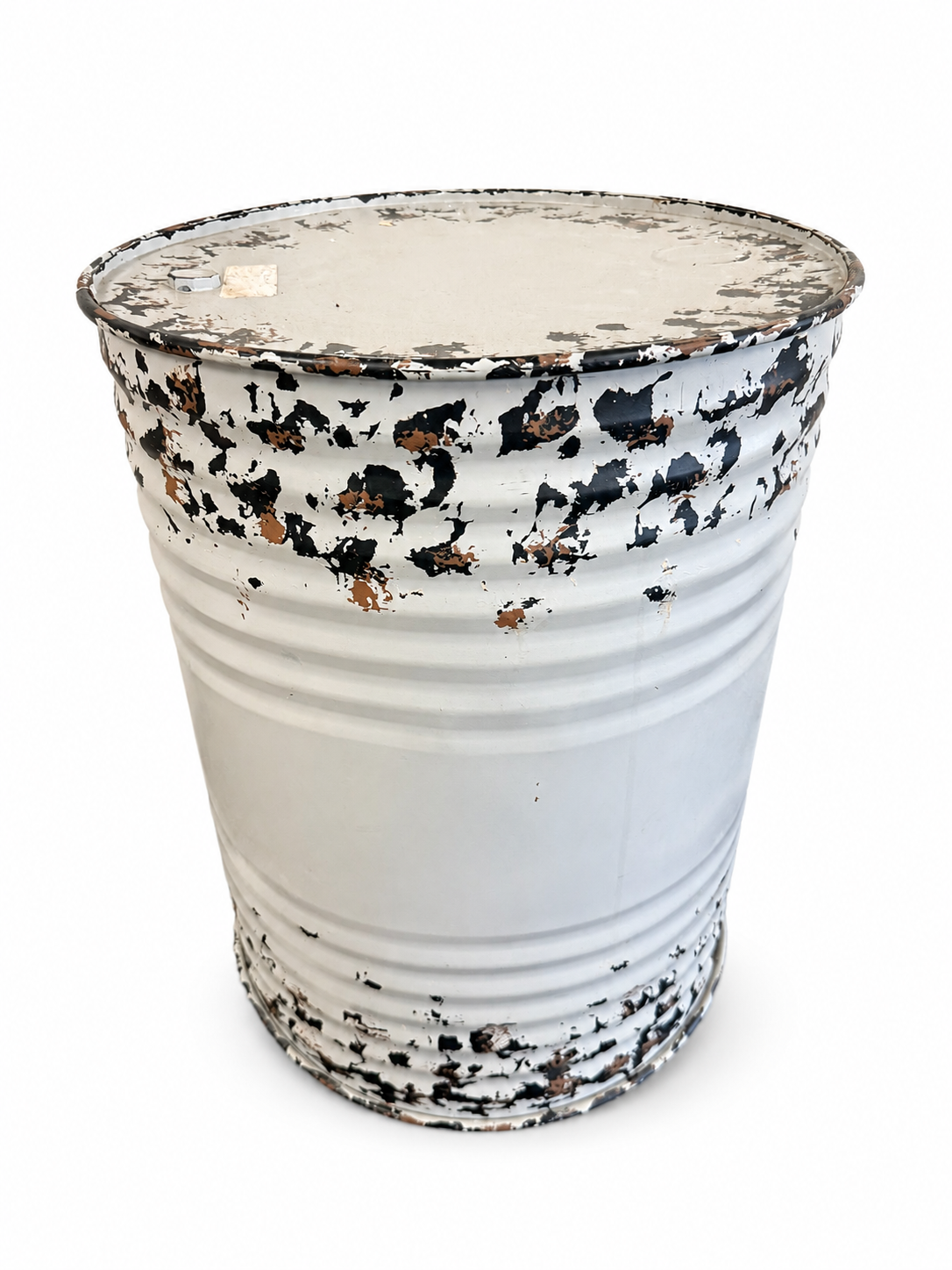 Distressed White Industrial Metal Barrel