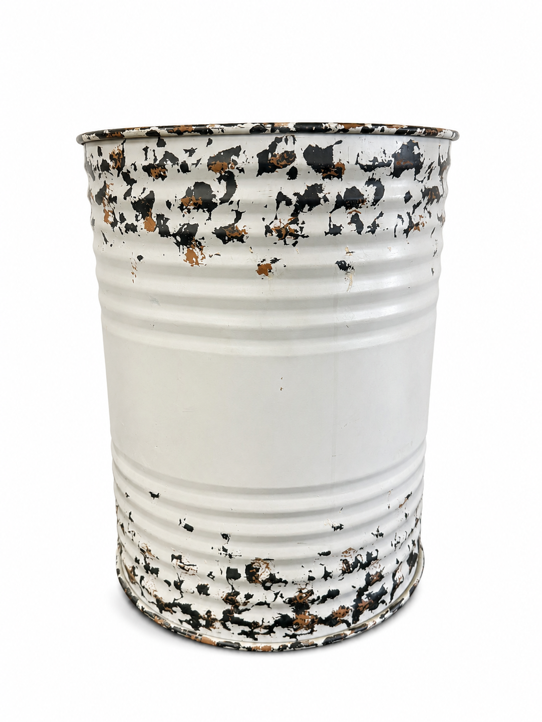 Distressed White Industrial Metal Barrel