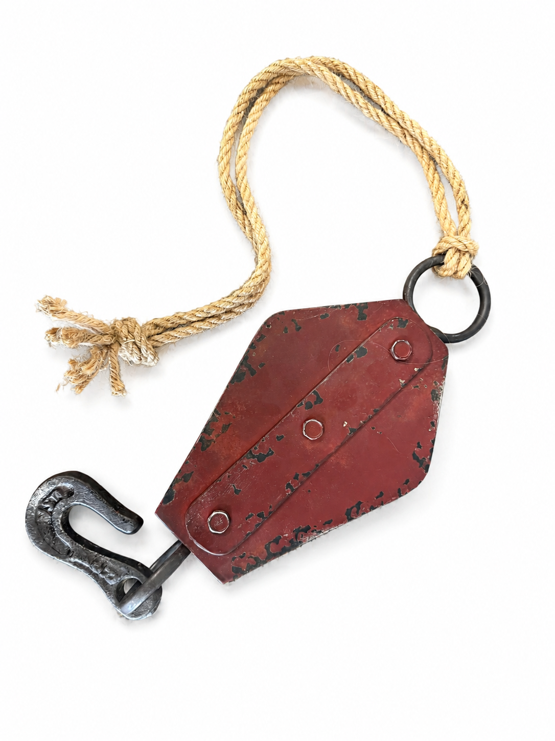 Red Metal Pulley with Rope and Hook