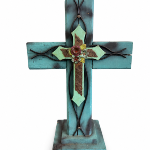 Turquoise Wood & Metal Floral Cross Décor