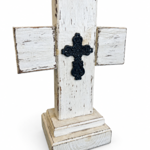 Distressed White Wood Cross with Black Metal Accent