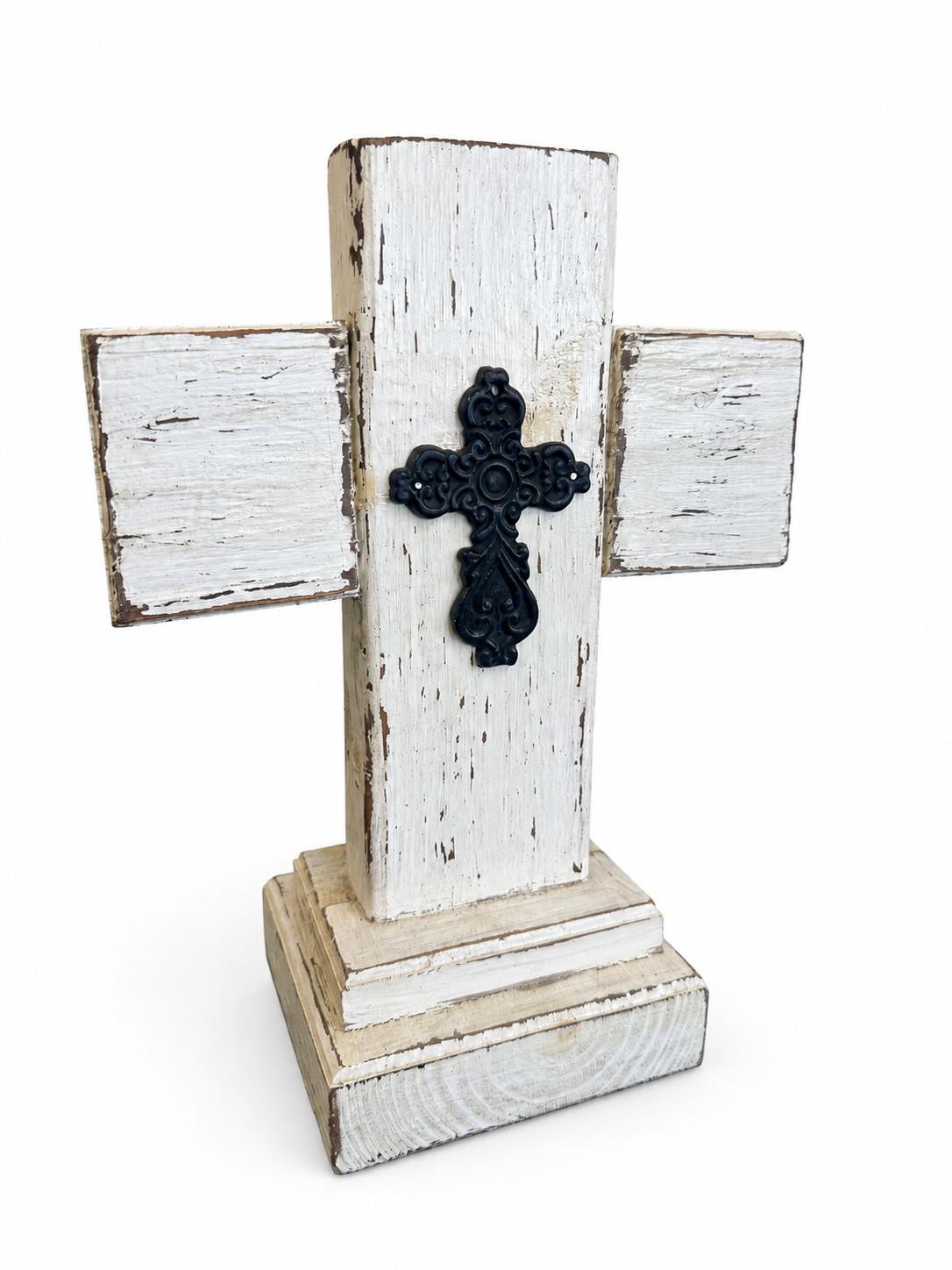 Distressed White Wood Cross with Black Metal Accent