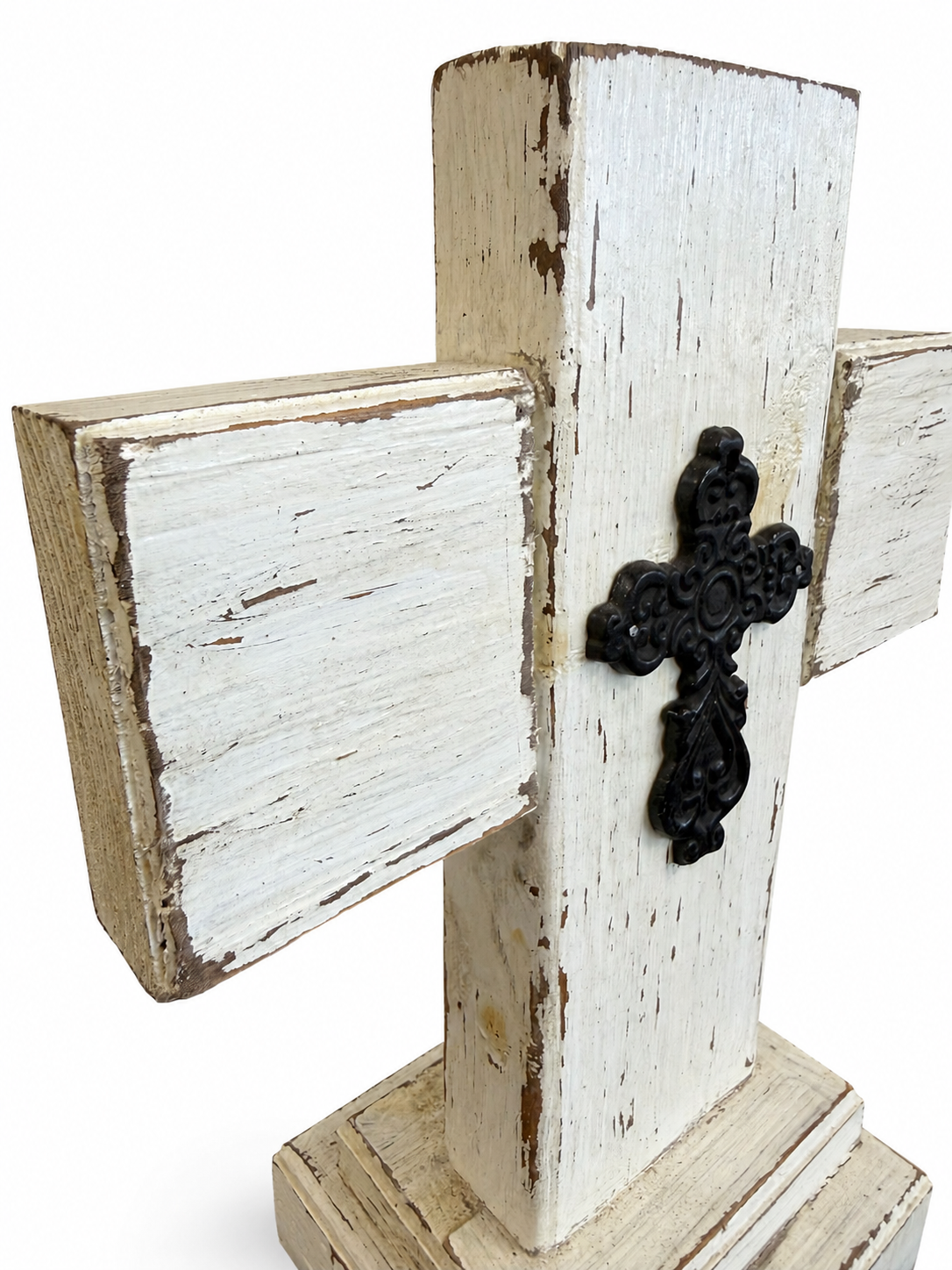 Distressed White Wood Cross with Black Metal Accent
