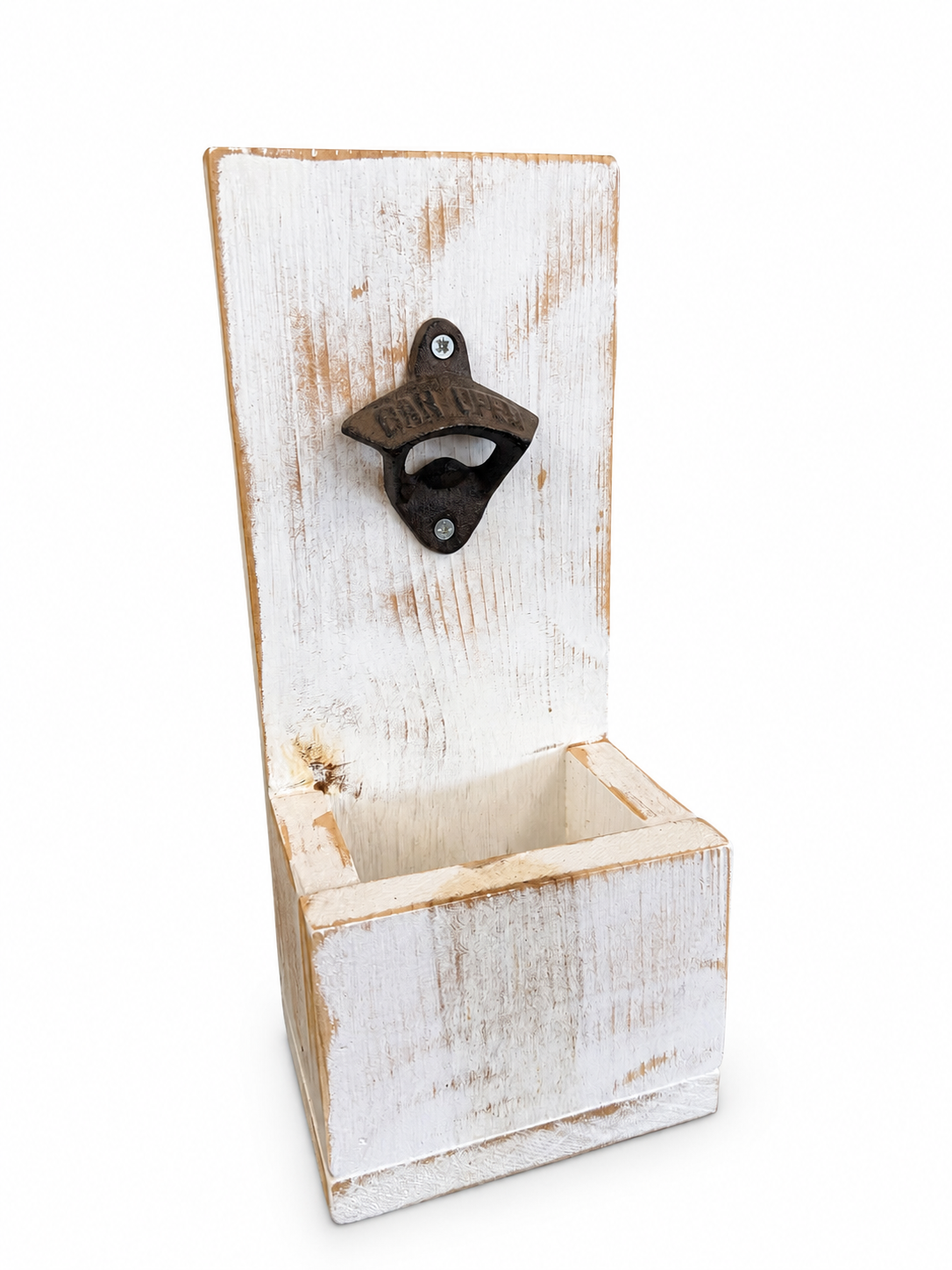 Distressed Wood Wall-Mount Bottle Opener with Catch Box