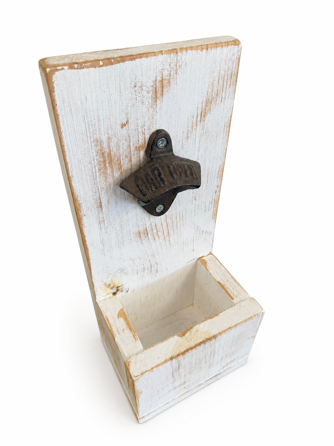 Distressed Wood Wall-Mount Bottle Opener with Catch Box