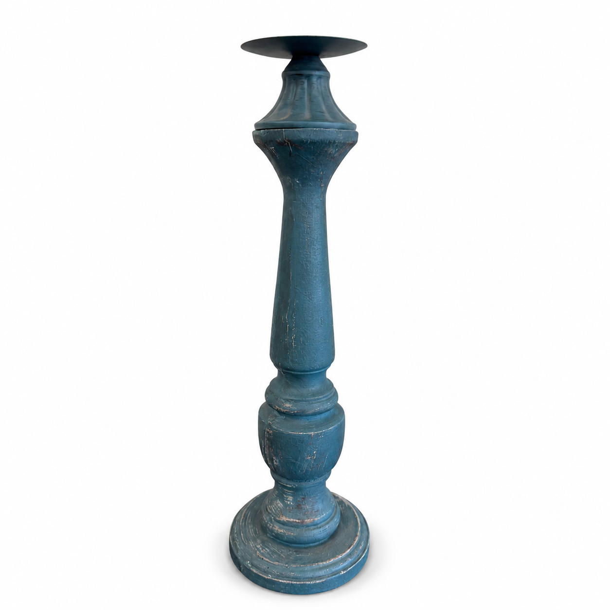 Tall Distressed Blue Wood Candle Holder
