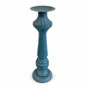Tall Distressed Blue Wood Candle Holder