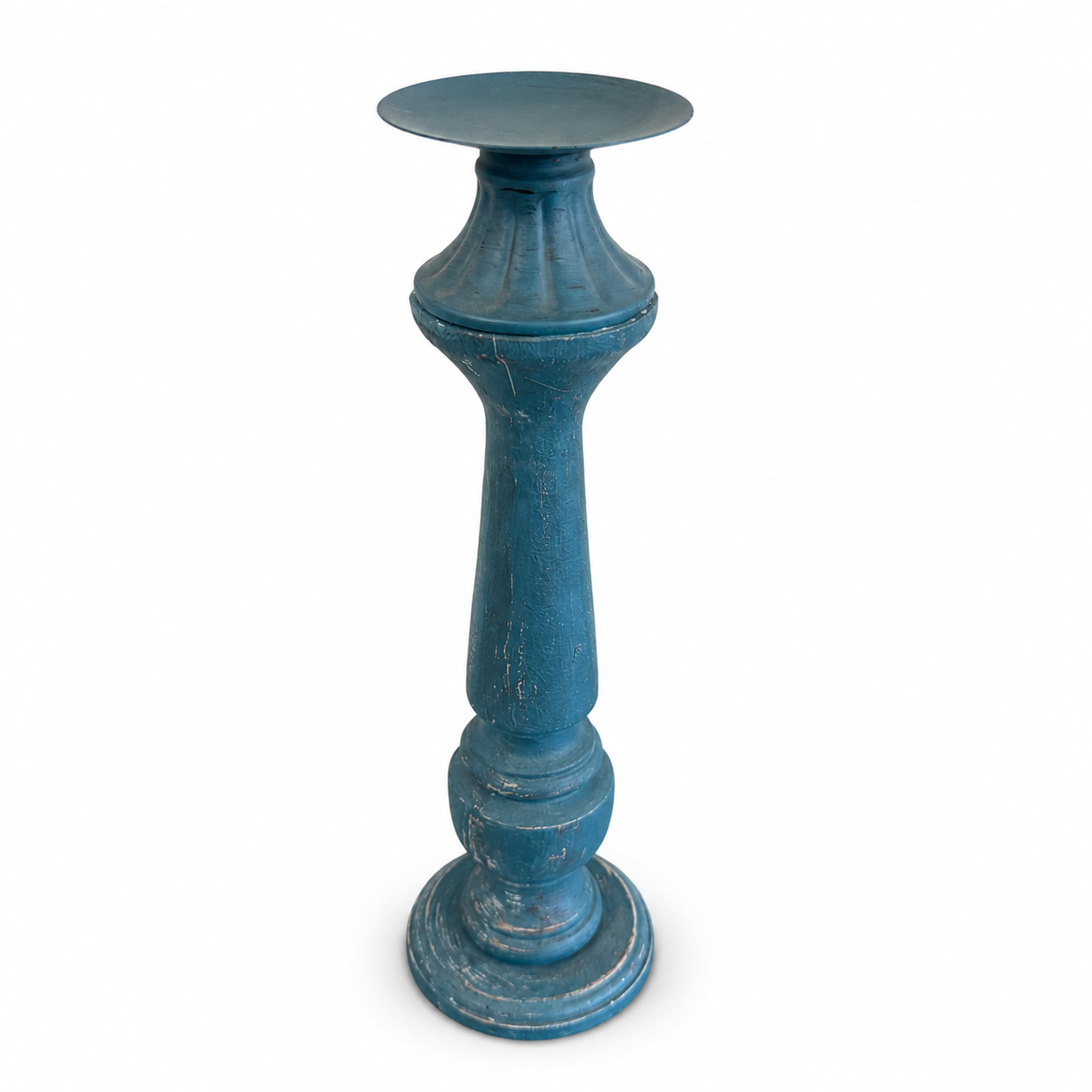 Tall Distressed Blue Wood Candle Holder