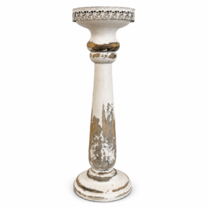 Tall rustic wooden pedestal candle holder with distressed white finish and decorative metal trim.