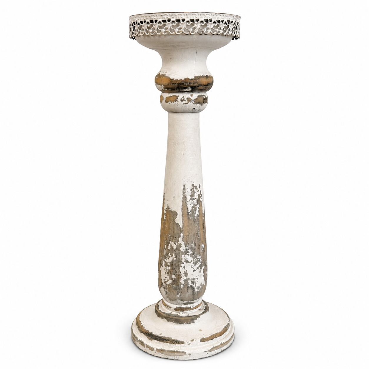 Tall rustic wooden pedestal candle holder with distressed white finish and decorative metal trim.