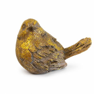 Small vintage-style bird figurine with a distressed brown finish, textured feather details, and metallic gold accents.