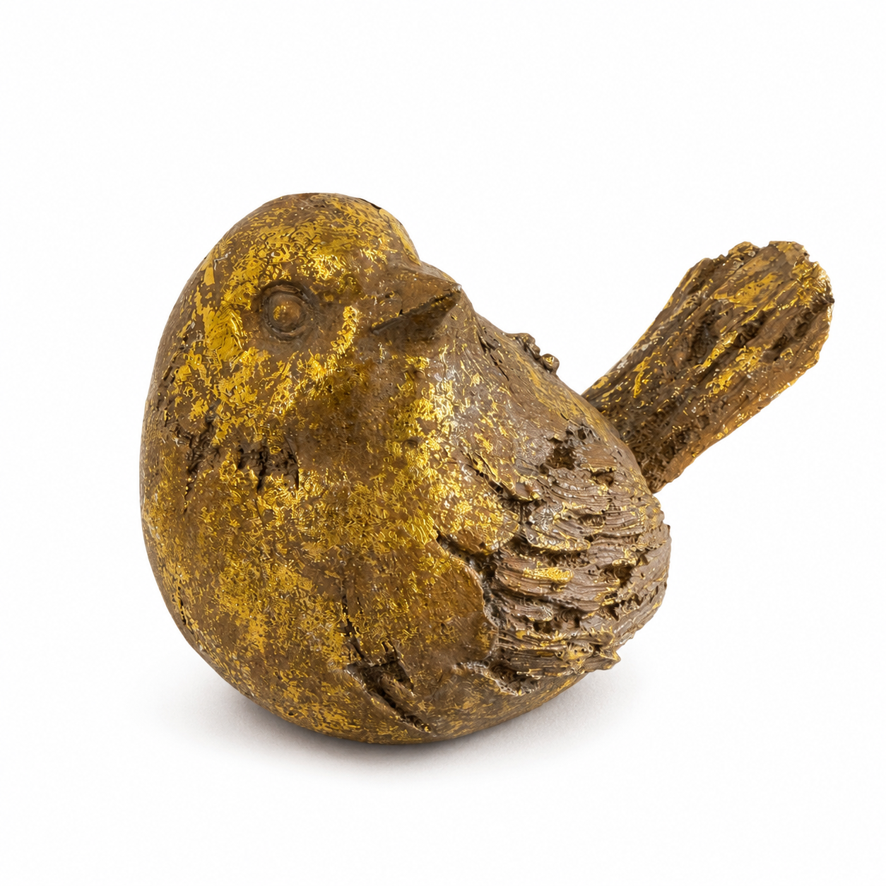 Small vintage-style bird figurine with a distressed brown finish, textured feather details, and metallic gold accents.