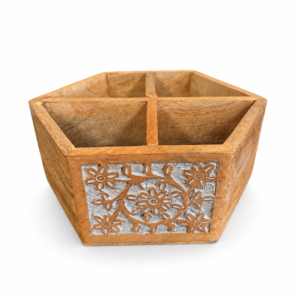 Rustic wooden storage basket with a warm natural finish, divided interior compartments, and a decorative floral metal panel on the front.