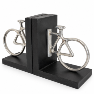 Set of two black and silver decorative bookends featuring sculpted bicycle designs.
