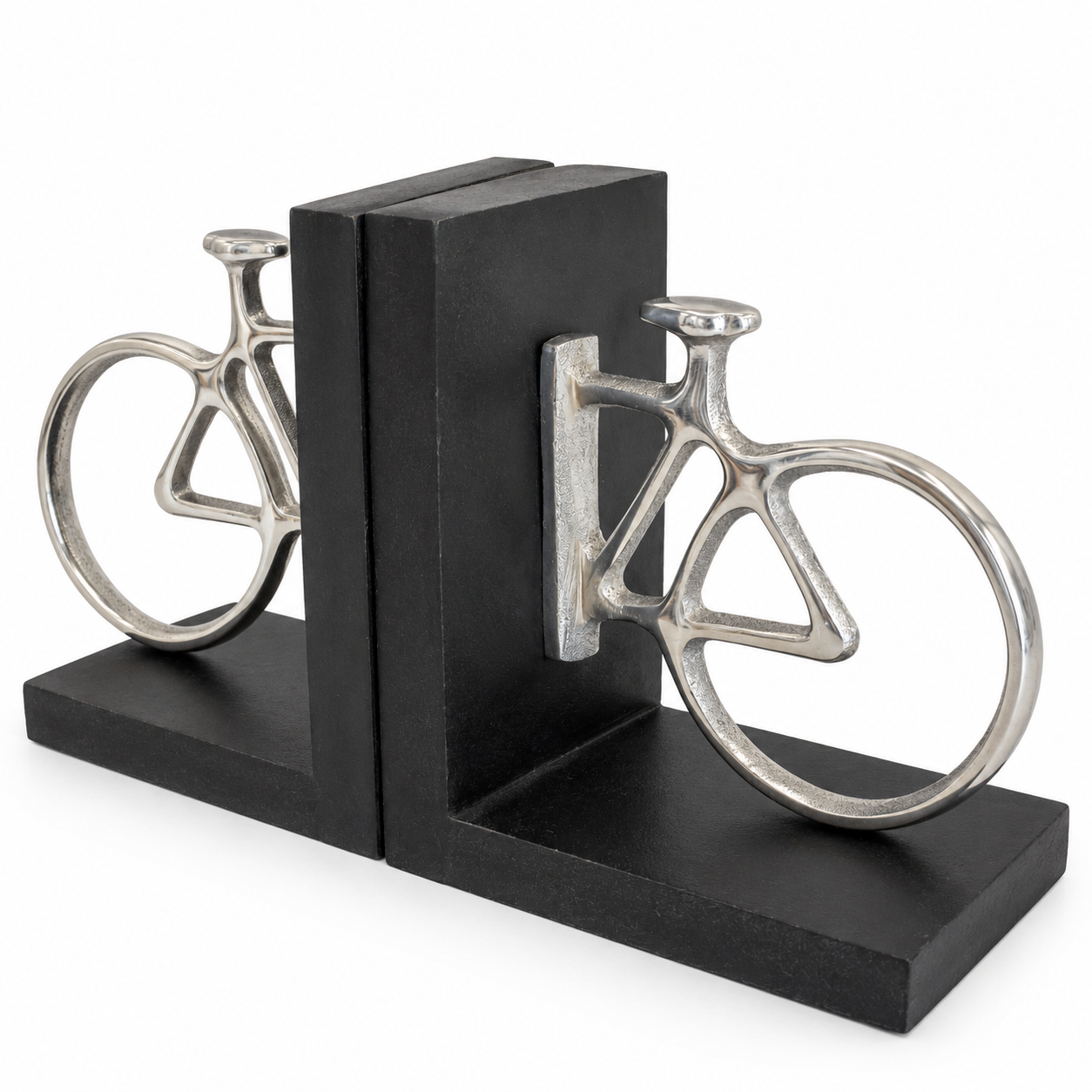 Set of two black and silver decorative bookends featuring sculpted bicycle designs.