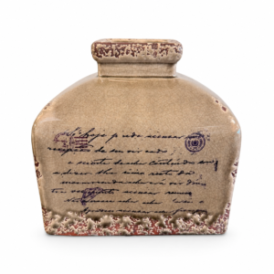Antique-inspired beige ceramic vase with distressed edges, crackle finish, and vintage handwritten script design.