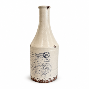 Tall cream ceramic bottle vase with vintage postcard script, postal stamp design, crackle finish, and distressed brown accents.