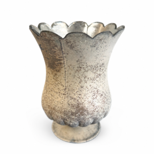 Antique-style silver mercury glass vase with scalloped rim, textured finish, and pedestal base.