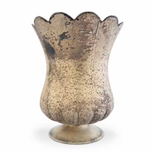 Antique-style silver mercury glass vase with scalloped rim, textured finish, and pedestal base.