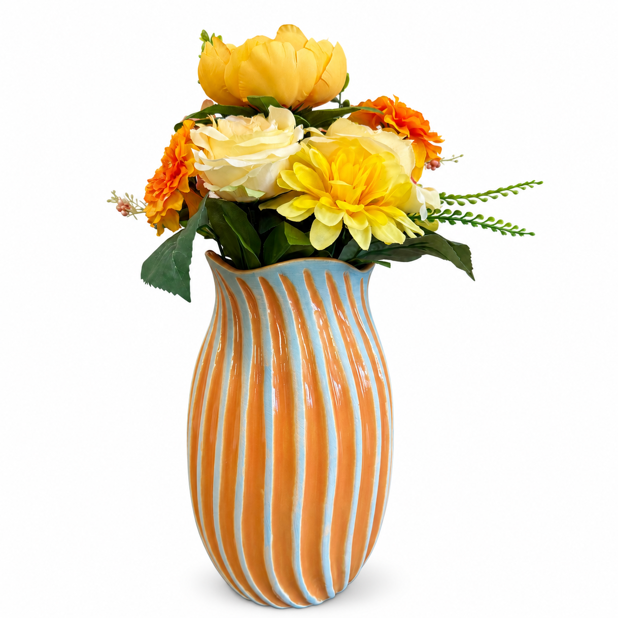 Orange & Blue Striped Ceramic Vase with Floral Arrangement - Image 2