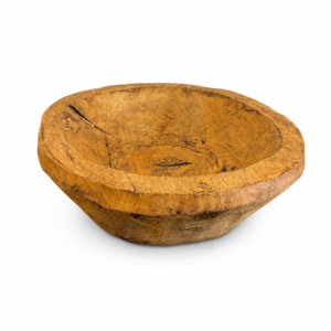 Rustic round wooden dough bowl with natural wood grain, distressed markings, and hand-carved appearance.