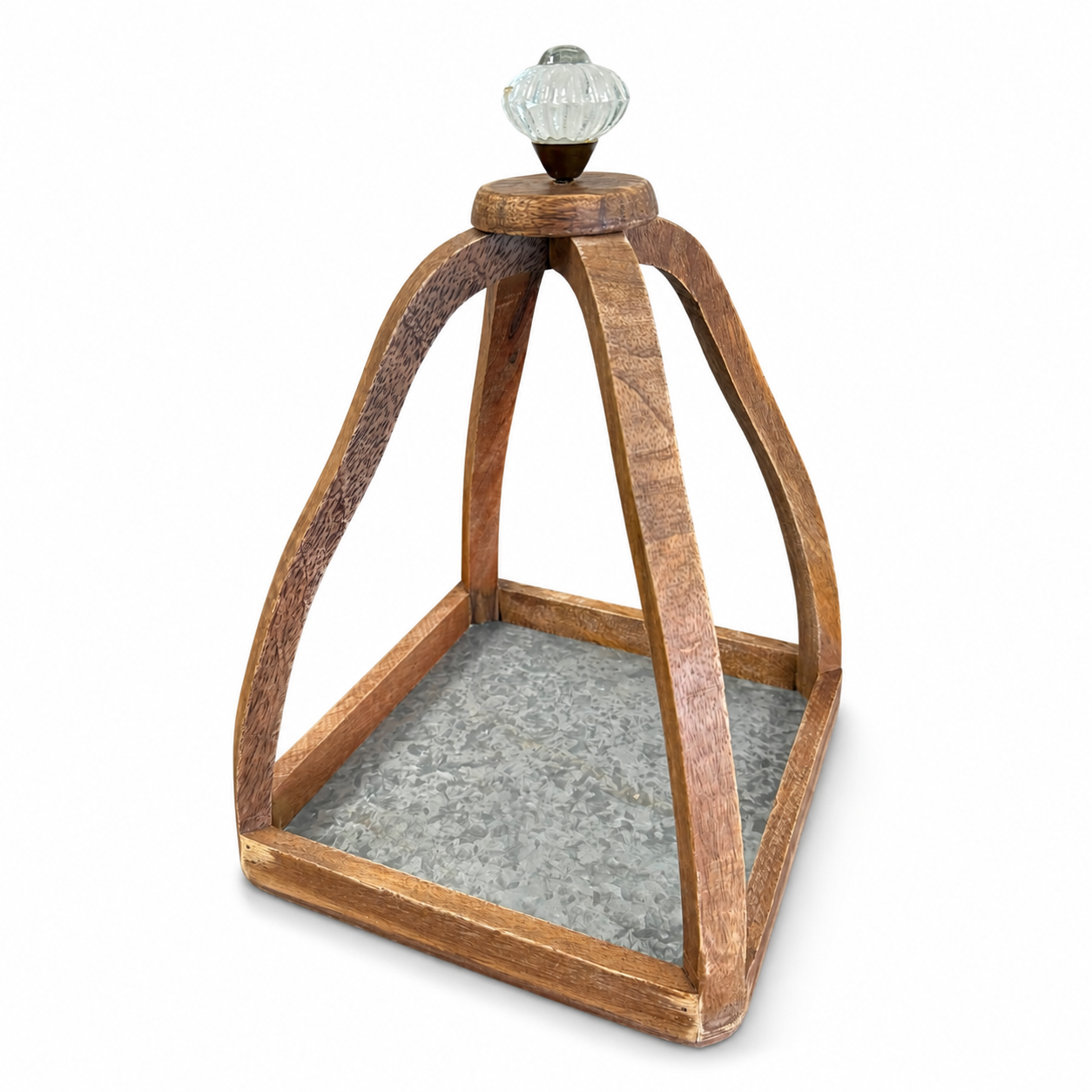Rustic wooden decorative lantern with arched frame, galvanized metal base, and clear glass knob.