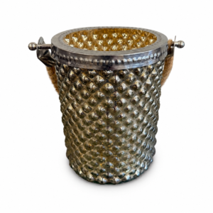 Antique silver textured glass candle lantern with warm gold interior, metal rim, and rustic rope handle.
