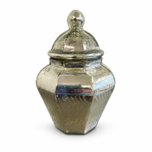 Vintage-style mercury glass decorative jar with faceted sides, etched detailing, and matching domed lid.