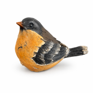 Decorative robin bird figurine with orange breast, charcoal gray feathers, and distressed detailing.