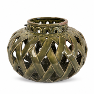 Olive green ceramic decorative lantern with an open lattice design and distressed detailing.