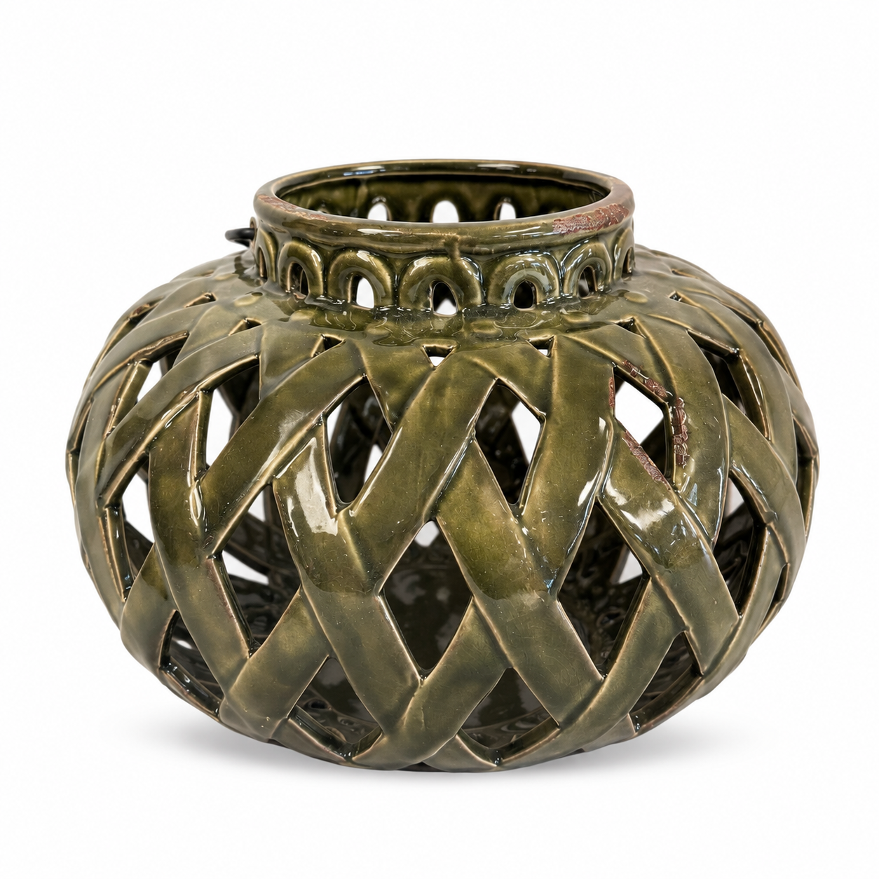 Olive green ceramic decorative lantern with an open lattice design and distressed detailing.