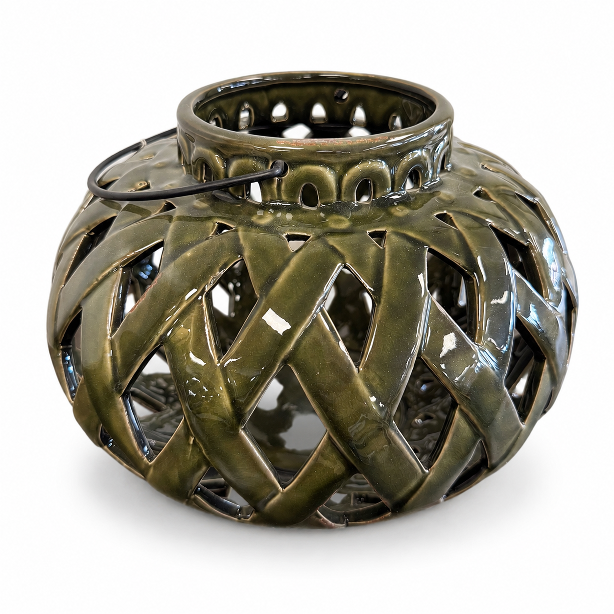 Olive Green Ceramic Lattice Lantern - Image 2