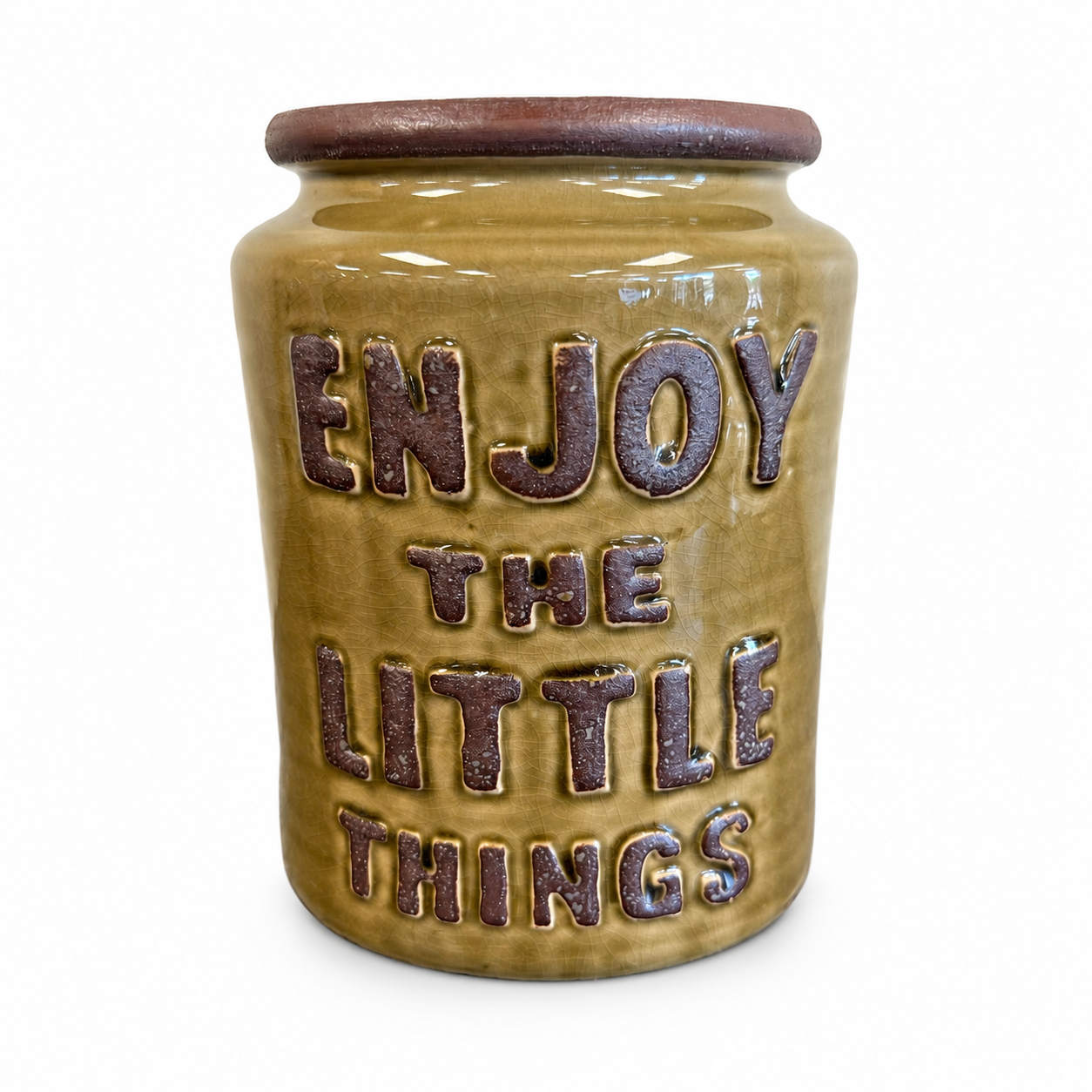 Mustard yellow ceramic decorative vase with brown lettering that reads Enjoy the Little Things.