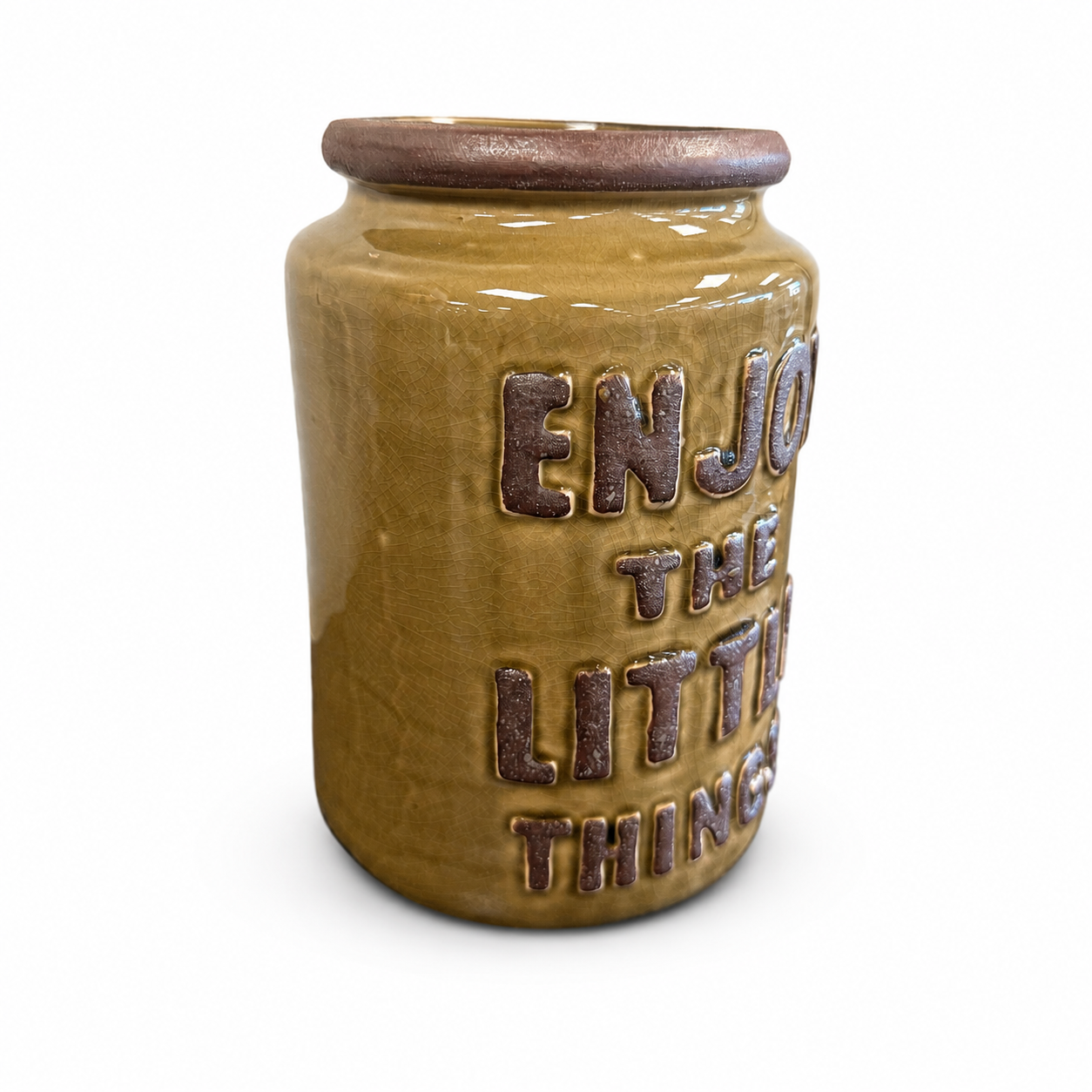 Mustard yellow ceramic decorative vase with brown lettering that reads Enjoy the Little Things.