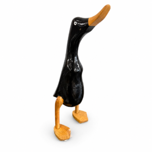 Decorative standing duck figurine with a black body, natural wood beak, legs, and feet.