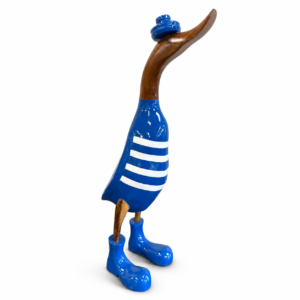 Decorative wooden sailor duck figurine with blue and white striped body, blue hat and boots, and natural wood-tone head and legs.