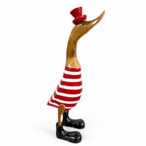 Decorative wooden duck figurine with red and white striped body, red top hat, black boots, and natural wood-tone head and legs.
