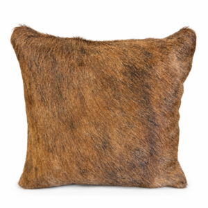 Square decorative cowhide pillow featuring rich warm brown tones with natural darker variations and textured hair-on-hide.